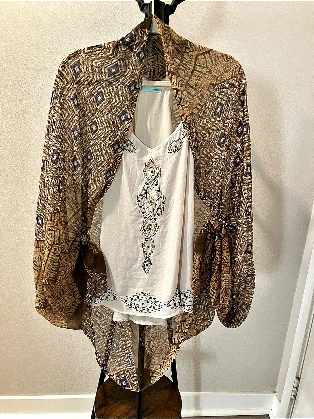 Boho sheer brown scarf cocoon kimono w/ embroidered camisole